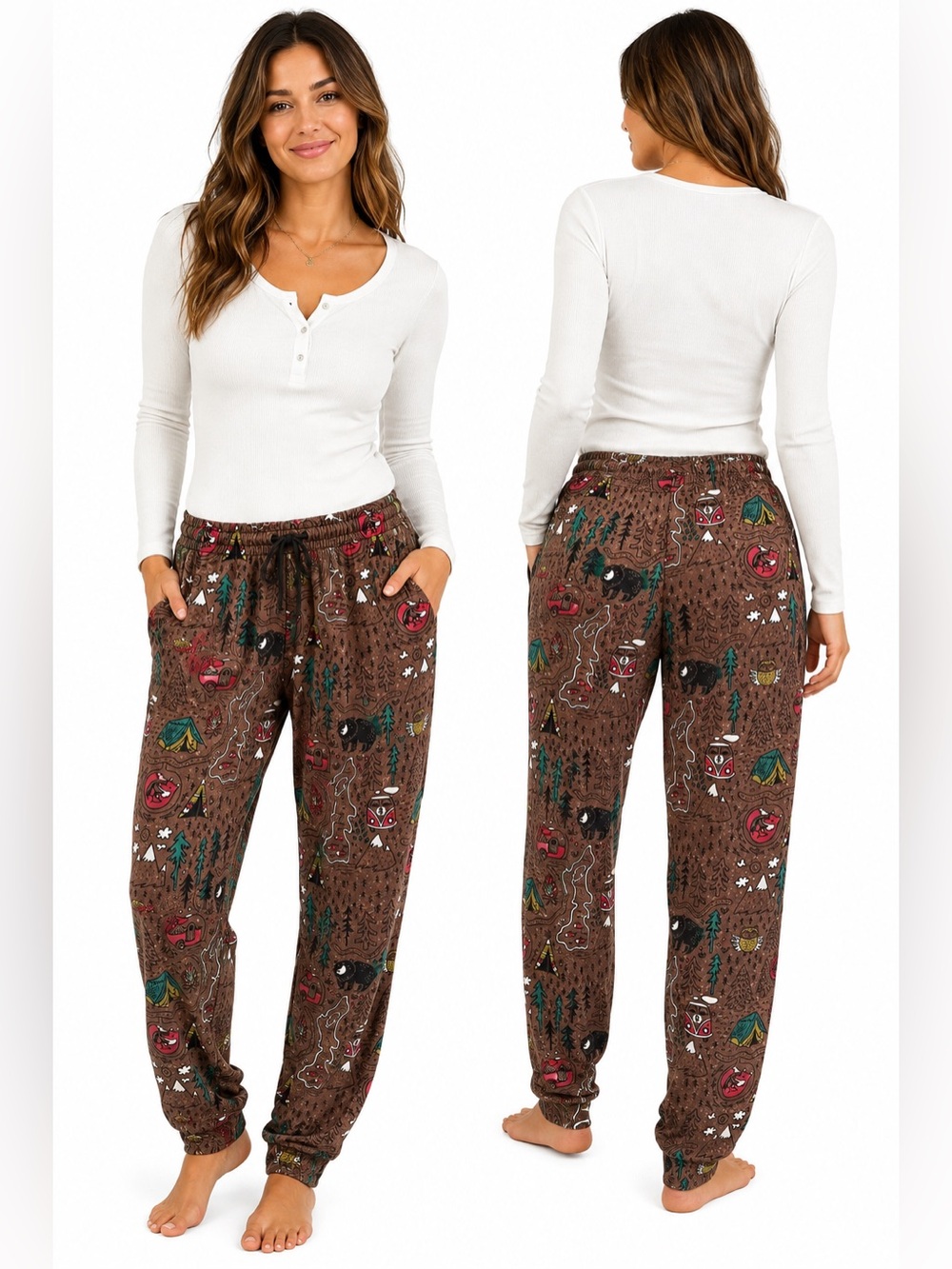 Camping Print Sweatpants Joggers Brown Woodland Bear Fox RV Size L